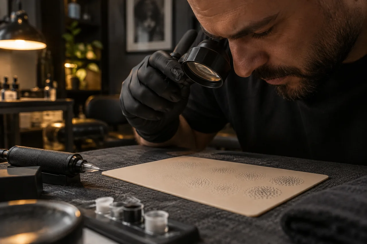 Artist inspecting pigment on practice material