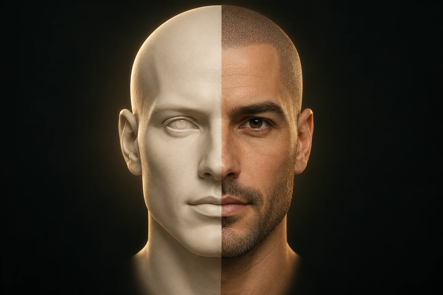 A face split between a sculpted digital model and a realistic SMP appearance