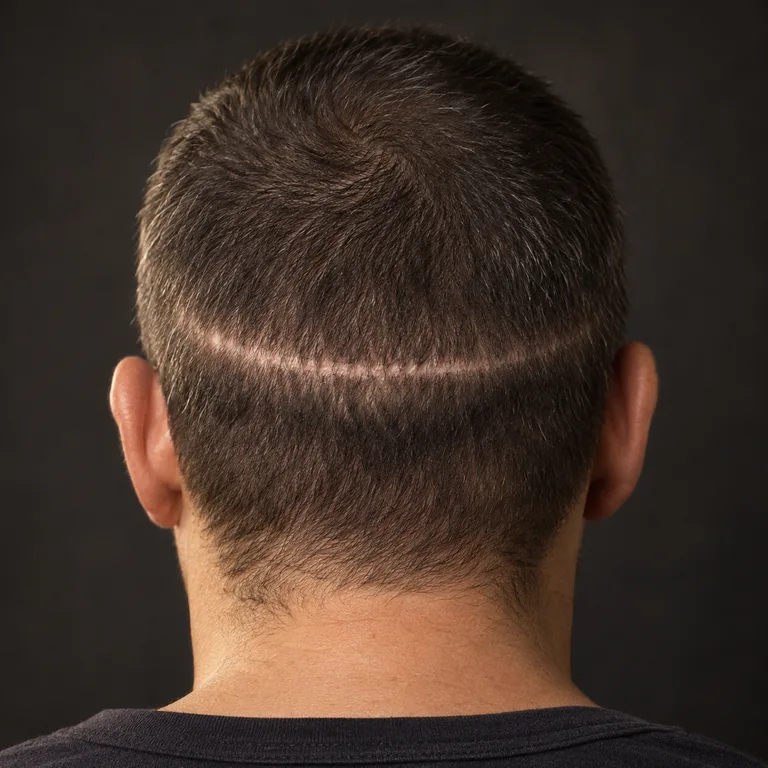 Illustration of a mature linear transplant scar on the back of a man’s head
