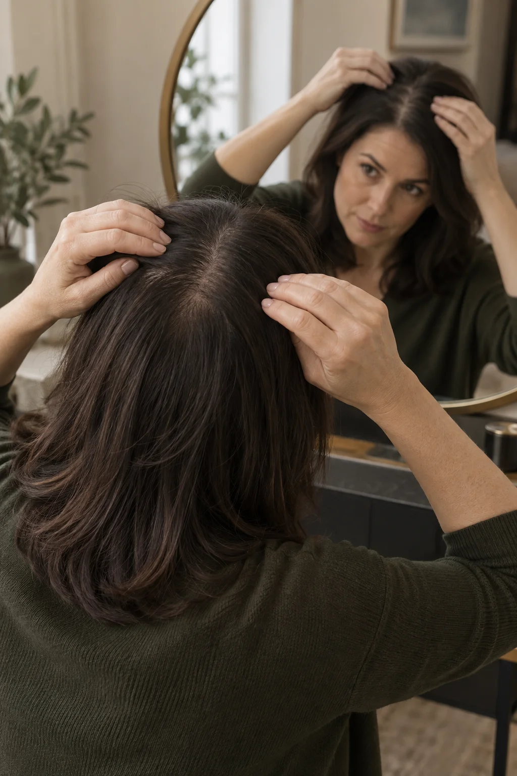 Illustrative woman examining the part in her hair in a mirror