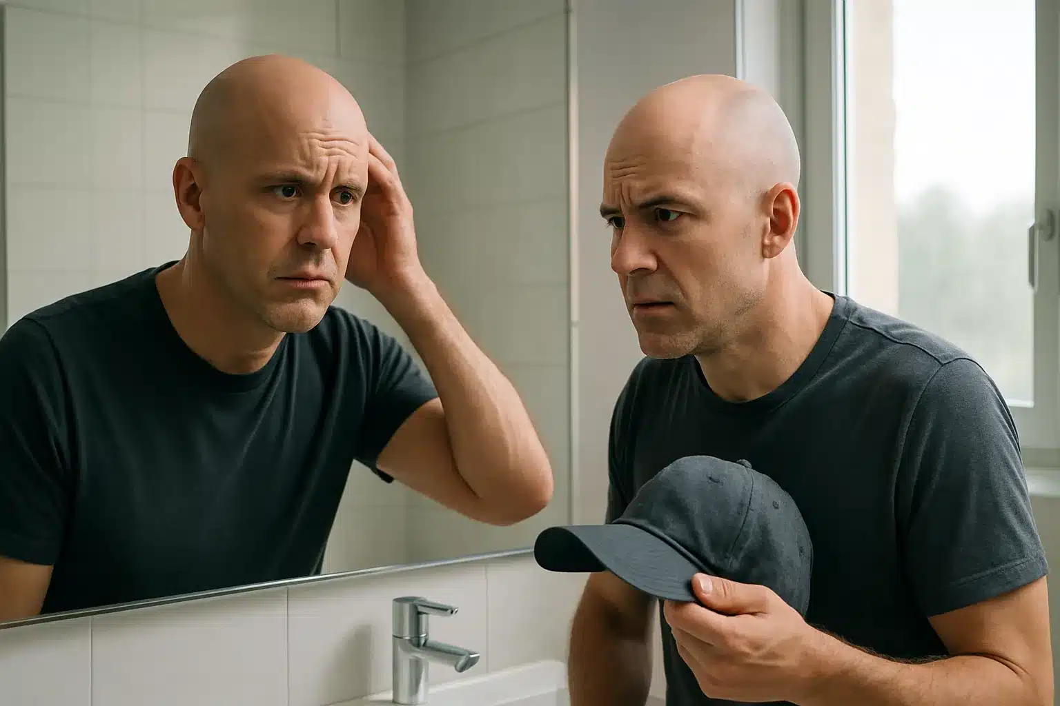 man looking in mirror of bald head