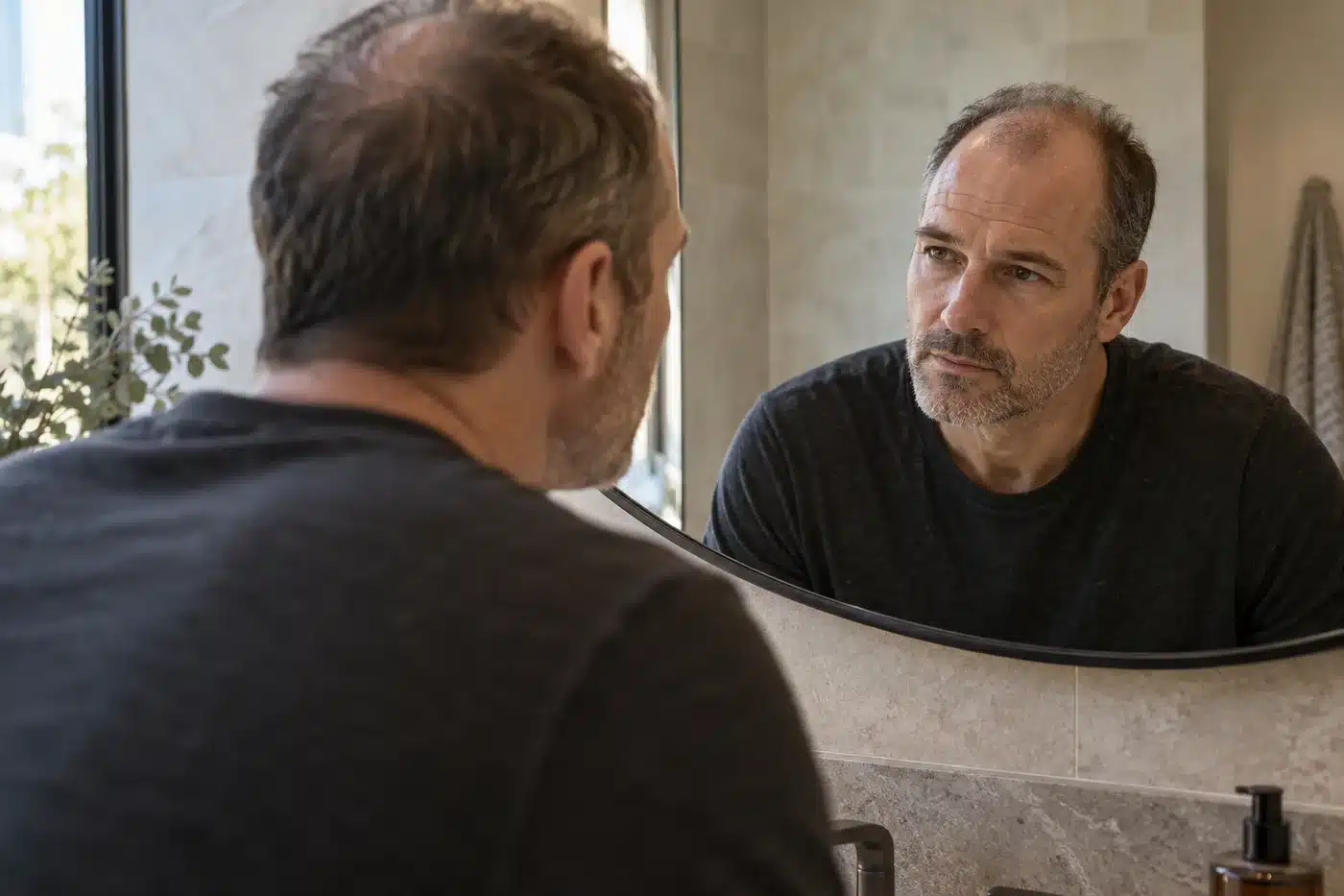 Man with thinning hair looking at his reflection