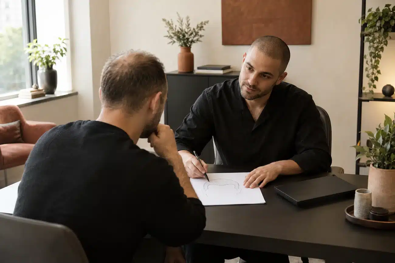 Illustrative consultation with a prospective client and a hairline drawing