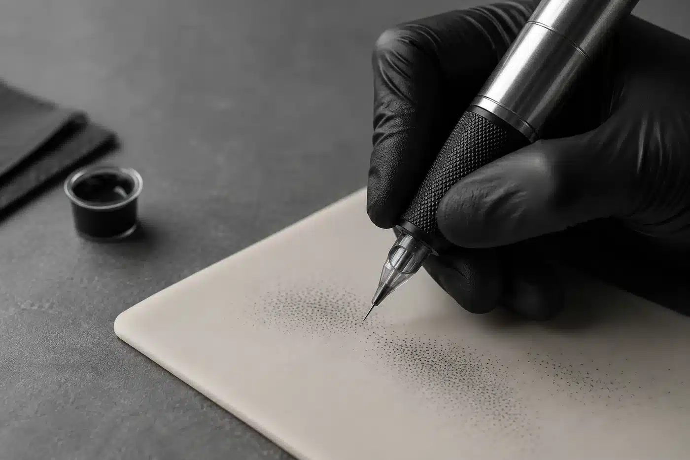 Micropigmentation pen placing pigment on silicone practice material